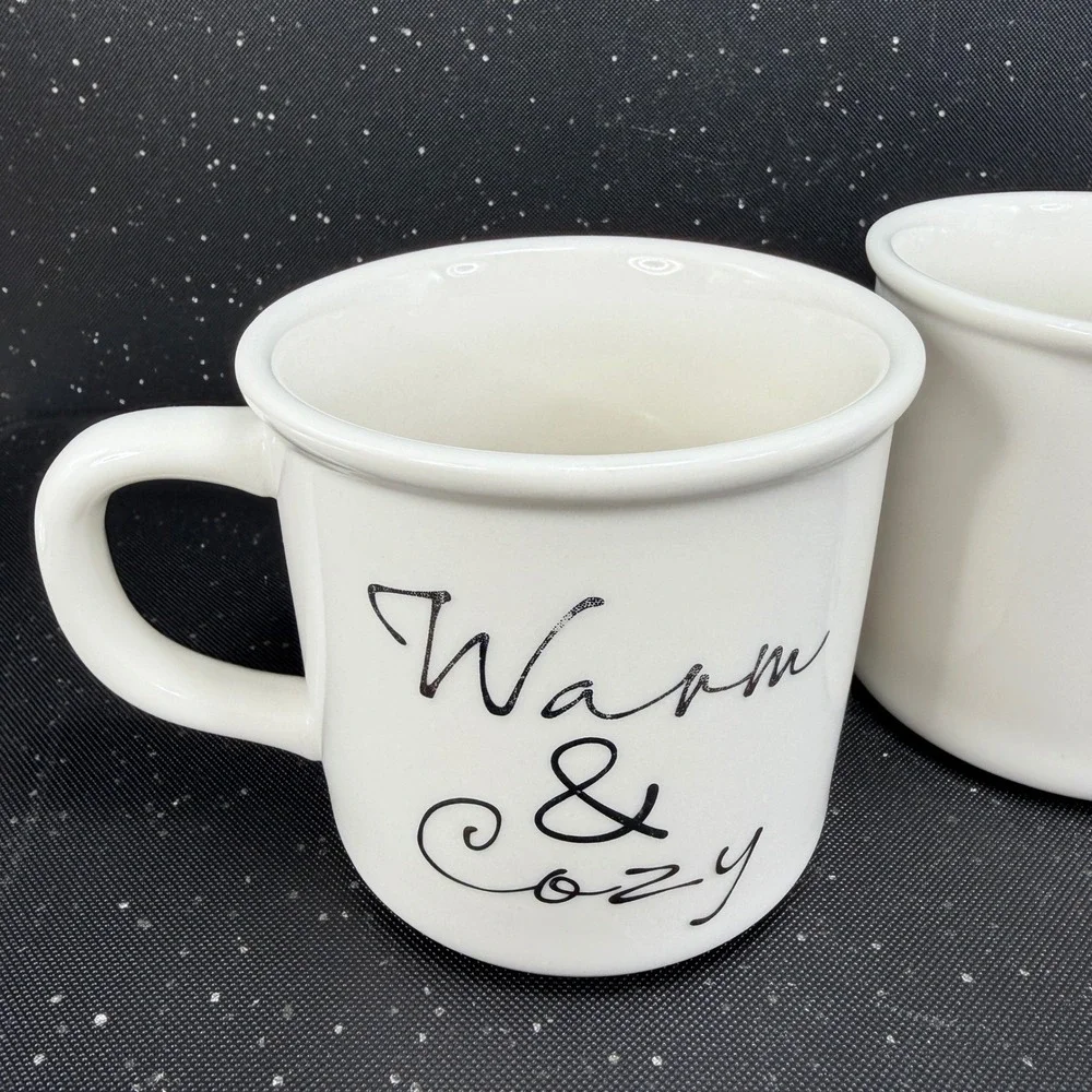 Pottery Barn White Ceramic Mugs Set Warm & Cozy Enjoy The Little Things 2pc